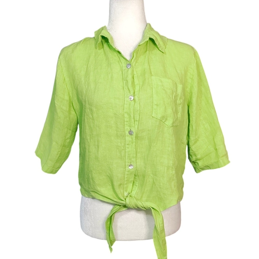 Sergio Modamare Italian 100% Linen Top Lime Green Tie Front Shirt Resortwear - M